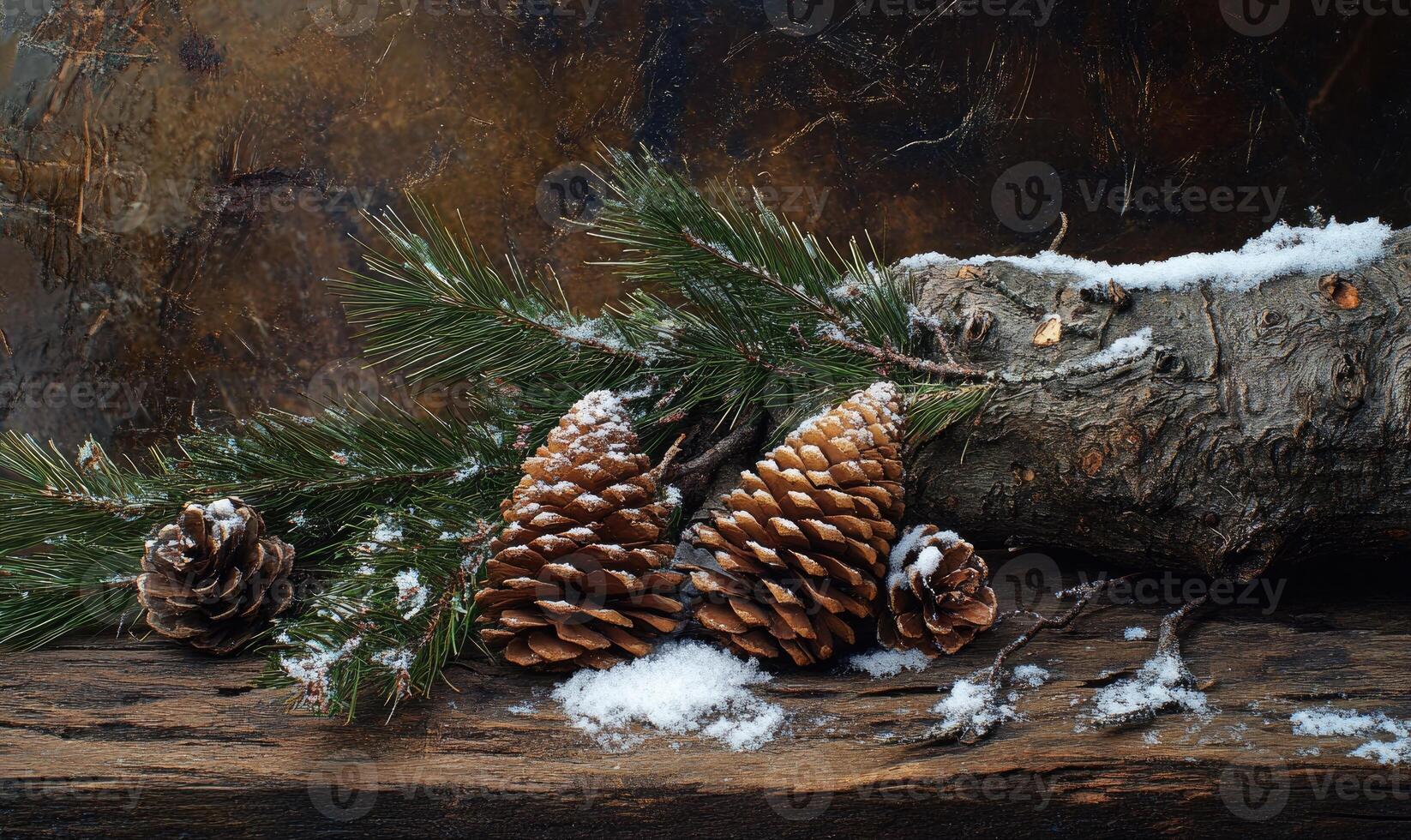 A wooden table with a few pine cones and a log photo
