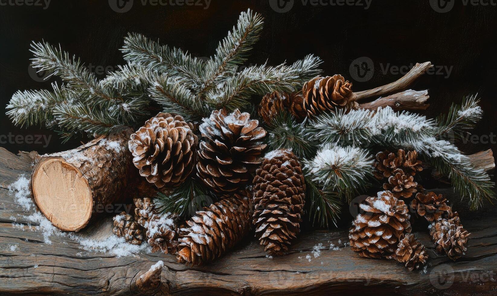 A painting of pine cones and branches with snow on them photo