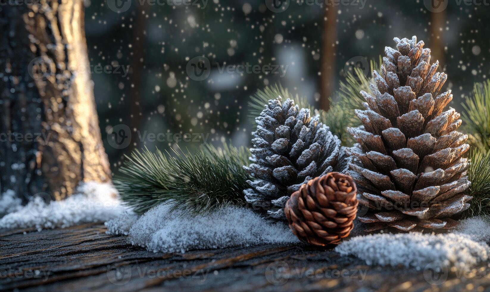 A close up of three pine cones with snow on them photo