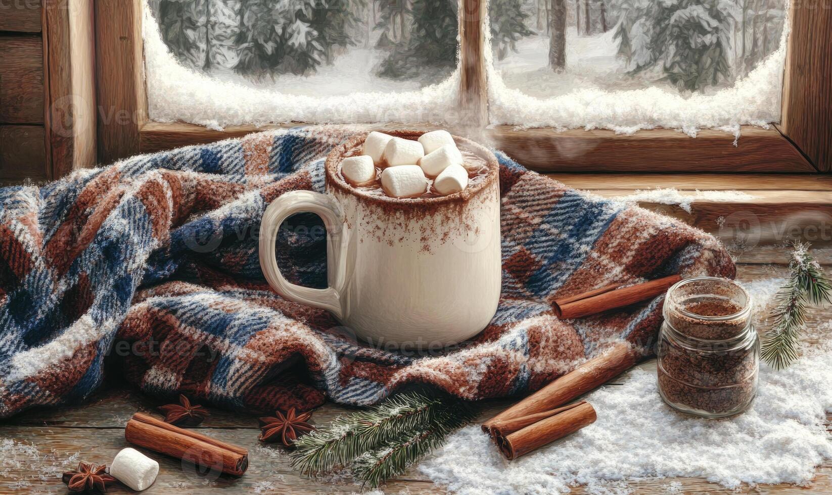 A mug of hot chocolate with marshmallows on a blanket next to a jar of cinnamon photo