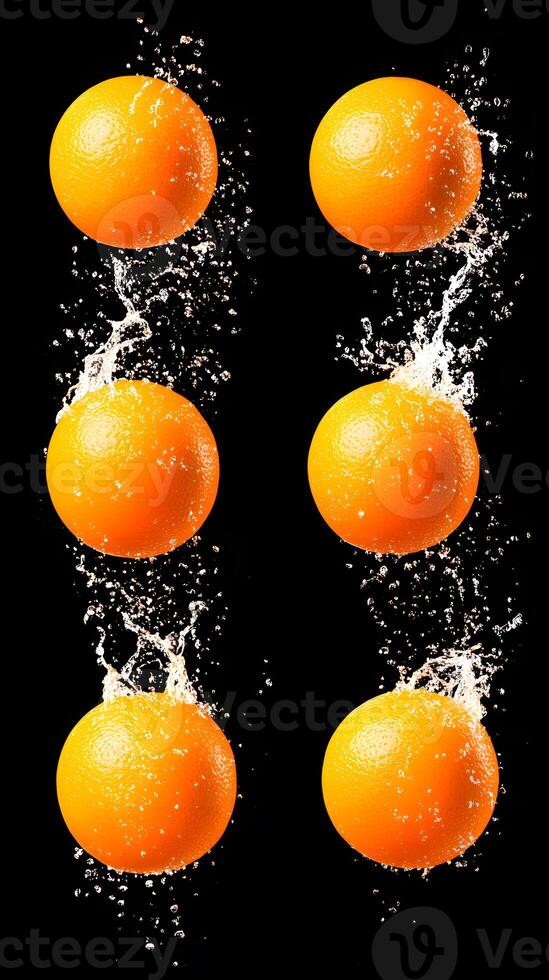 A set of oranges being splashed with water photo