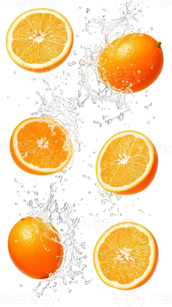A set of oranges with water splashes photo