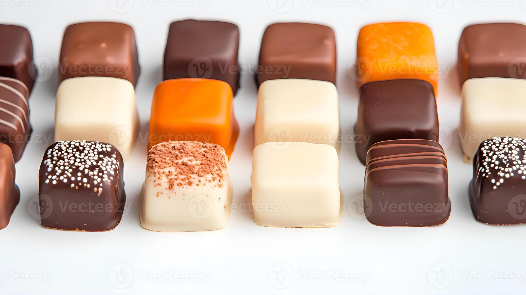 A row of assorted chocolates on a white surface photo