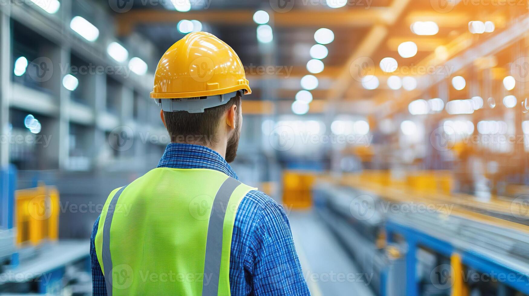 Factory worker supervising automated assembly line, emphasizing consistent quality control photo