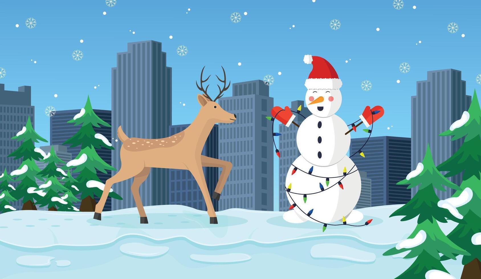 Christmas background with snowman and deer. Snowman got tangled in garland. vector