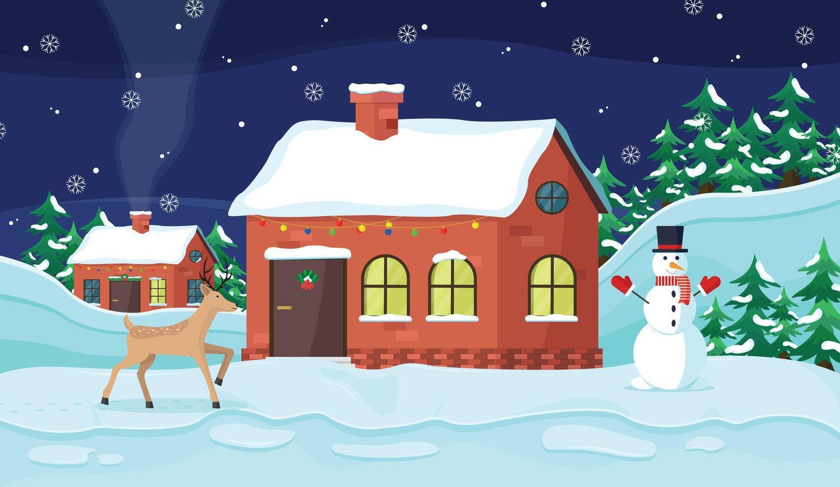 Night winter landscape with deer, snowman, houses and forest. Christmas story. vector