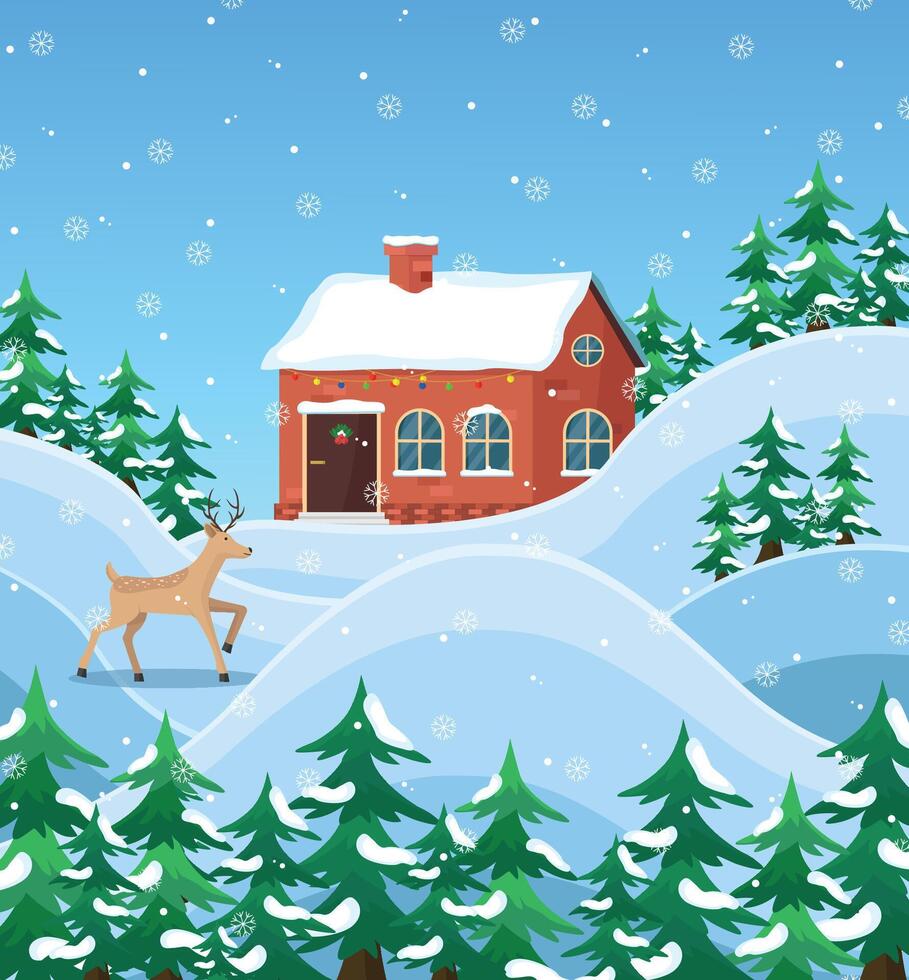 Christmas landscape with house and deer. Winter forest and snowflakes. vector