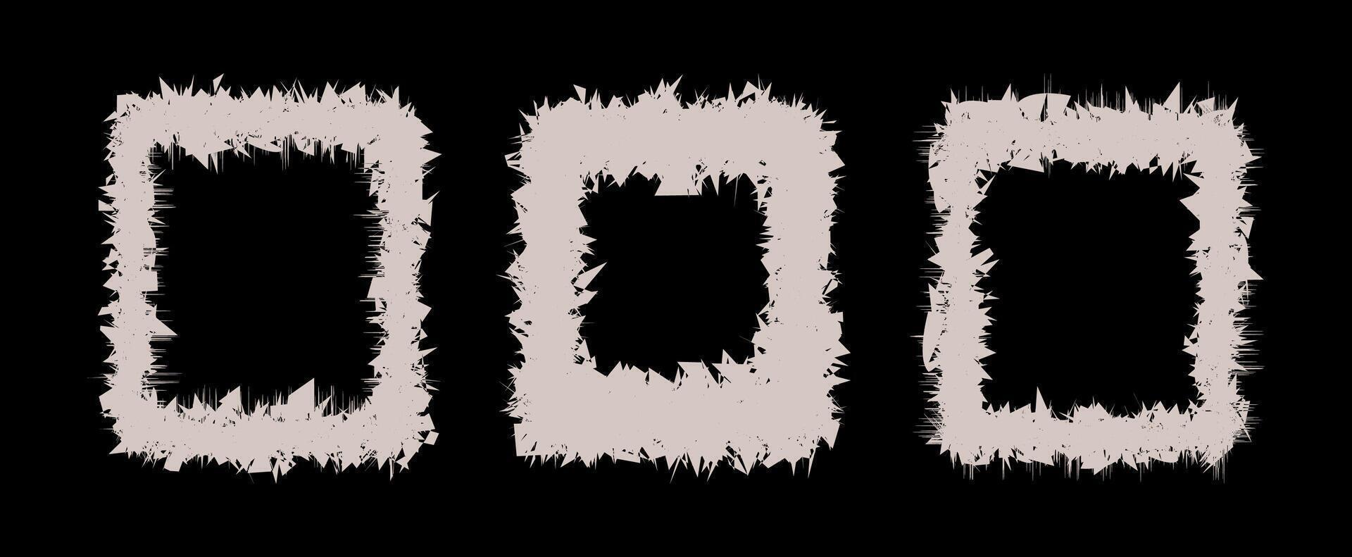 Three unique, textured frames with irregular shapes. Distressed grunge texture with rough, jagged edges. Rough, imperfect borders creating a raw, edgy aesthetic. Grungy, organic feel distressed effect vector