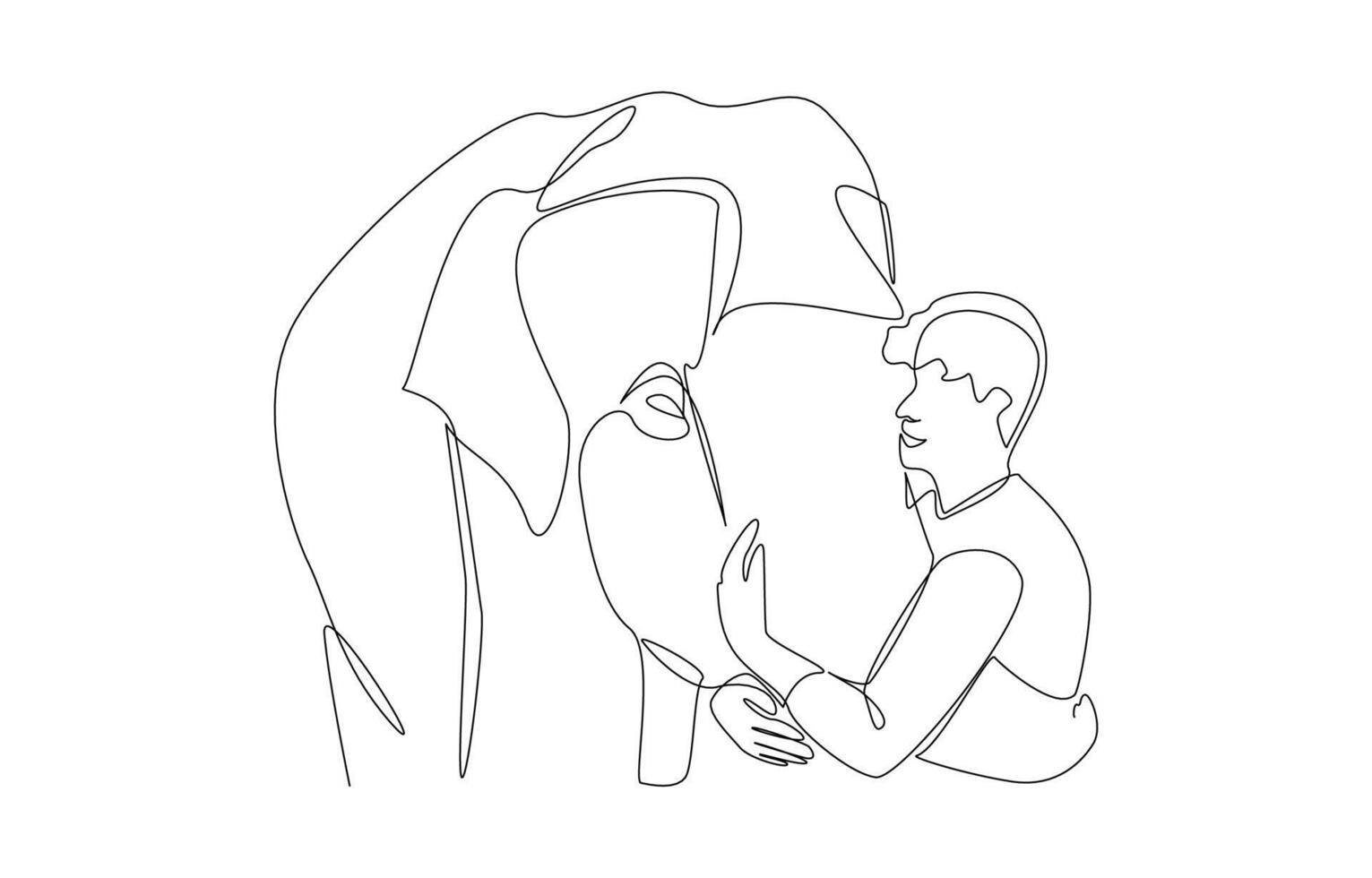 Continuous one line drawing of elephant using trunk to hug young man, wildlife lover concept, single line art. vector