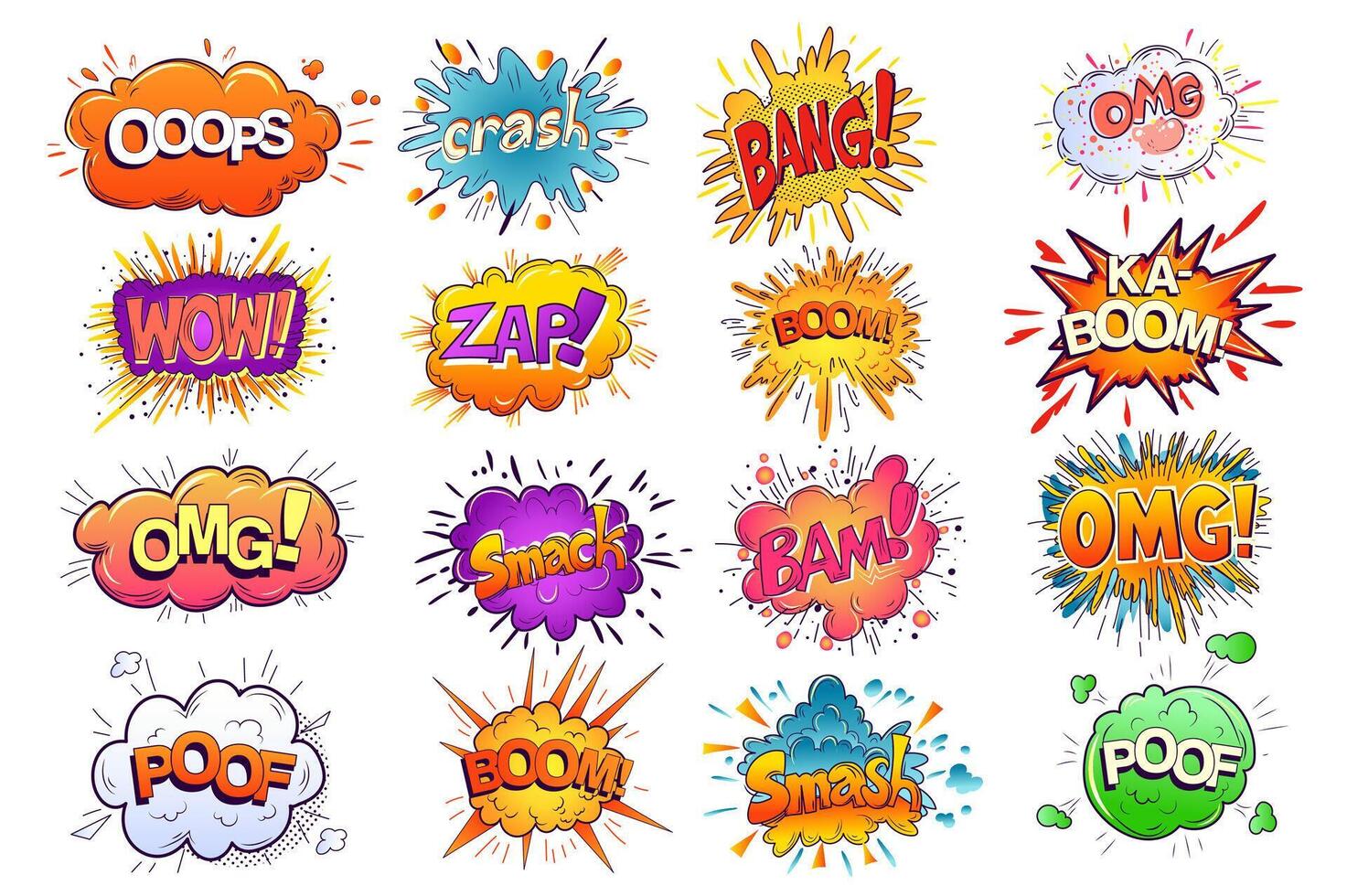 Comic speech bubbles set elements in flat graphic design. Collection of dialogue frames with oops, crash, bang, wow, zap, boom, bam, poof, smash and other expression messages. illustration. vector