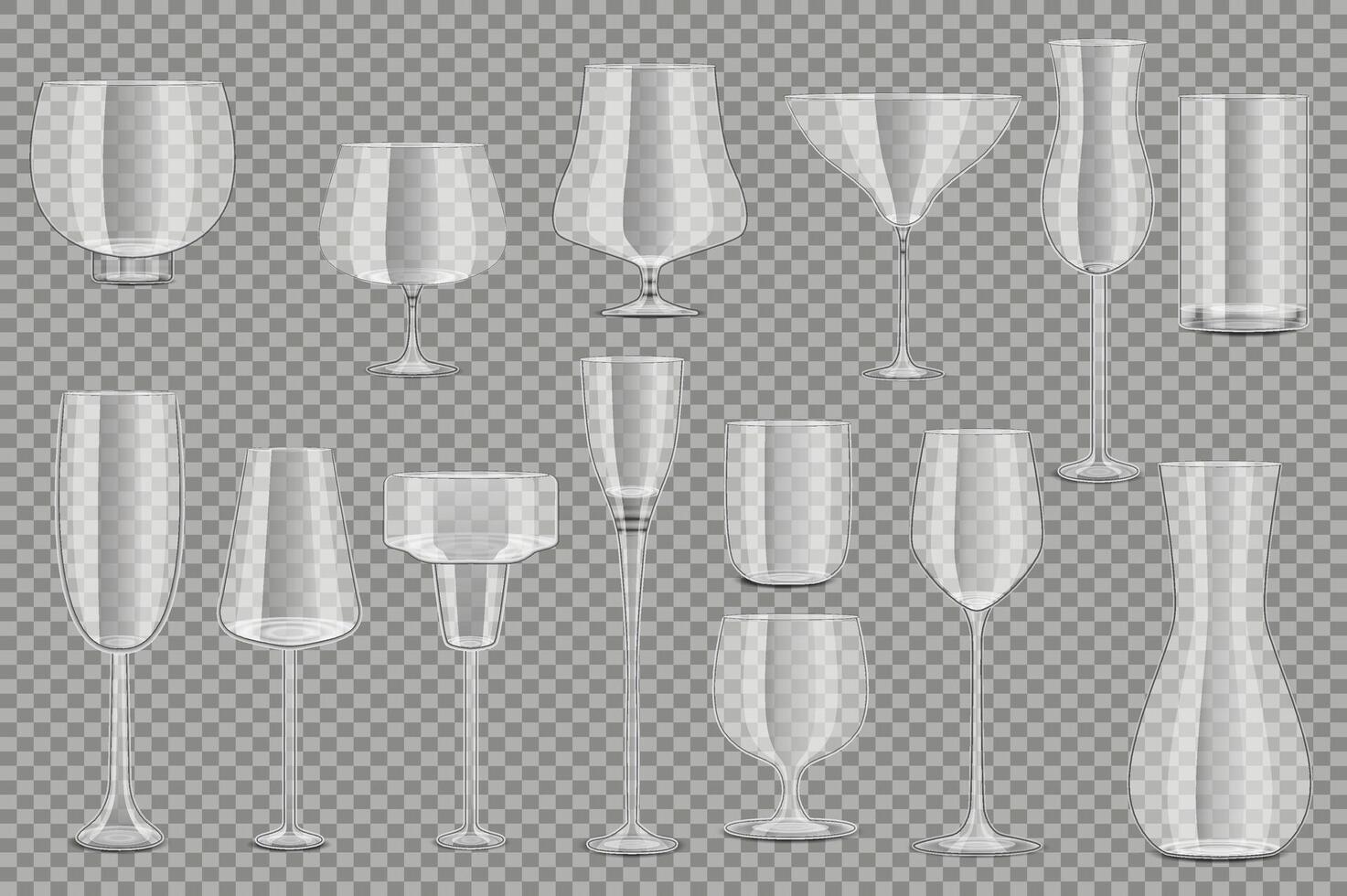 Glass goblets set elements in flat graphic design. Collection of realistic clear transparent glassware for wine, martini, whiskey, champagne and other festive event beverages. illustration. vector