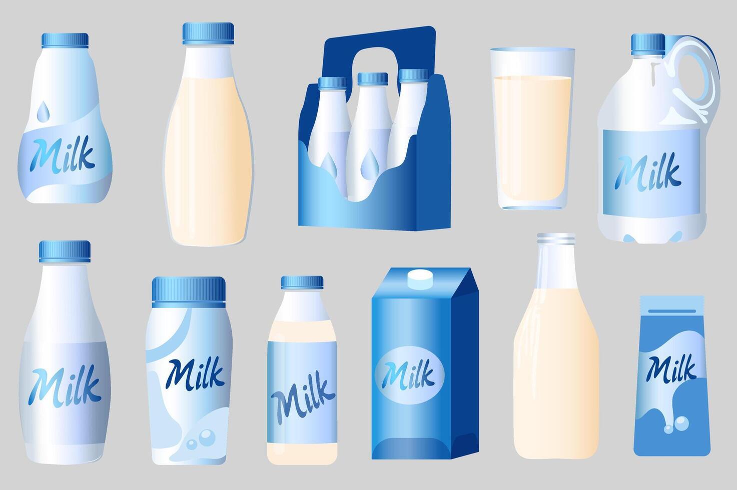 Milk bottle elements in flat graphic design. Collection of different types of dairy drink containers, gallon jug, plastic bottles with lids, cardboard pack with handle, paper box. illustration. vector