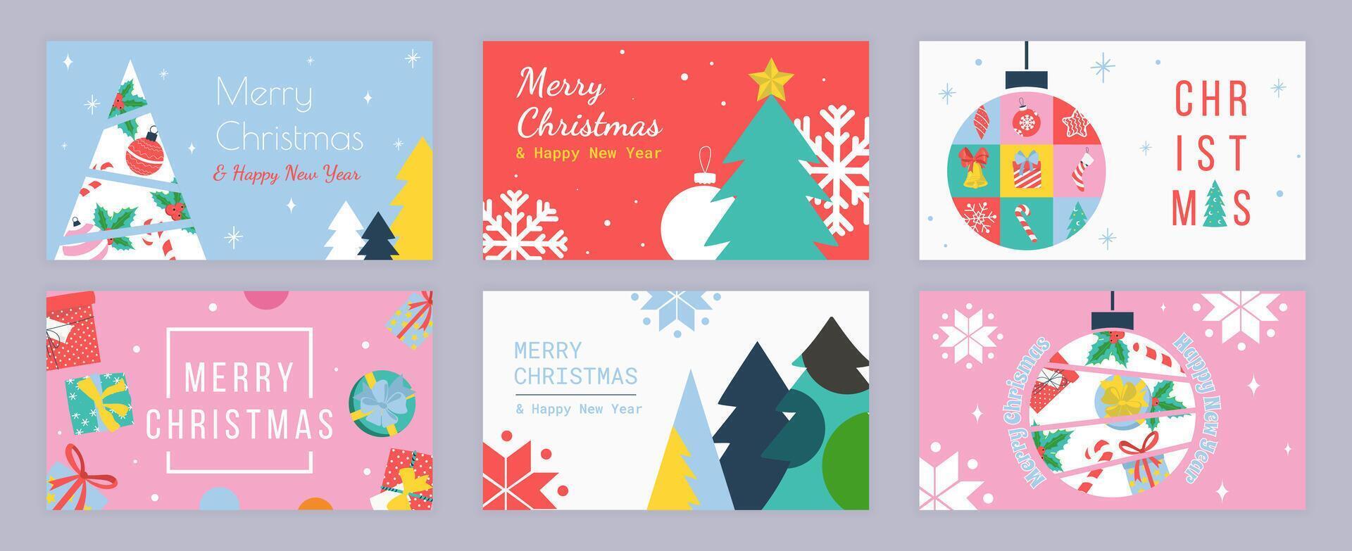 Merry Christmas cover template for social media. Xmas greeting cards with abstract fir trees with toys and holly, hanging ball, snowflakes, gift boxes, holiday seasonal patterns. illustration. vector