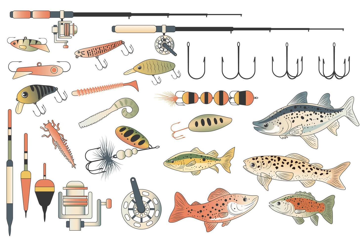 Fishing tools set elements in flat graphic design. Collection of fishing rods with reels, different types of baits, spoons, hooks, bobbers, lures, salmon, trout and other fish. illustration. vector