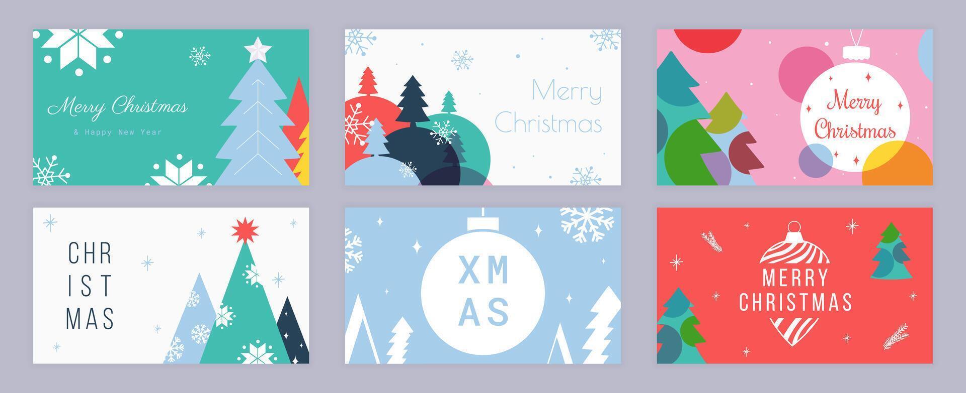 Merry Christmas cover template for social media. Xmas greeting cards with abstract festive fir trees, winter pine forest with snowflakes, hanging balls, holiday seasonal ornament. illustration. vector