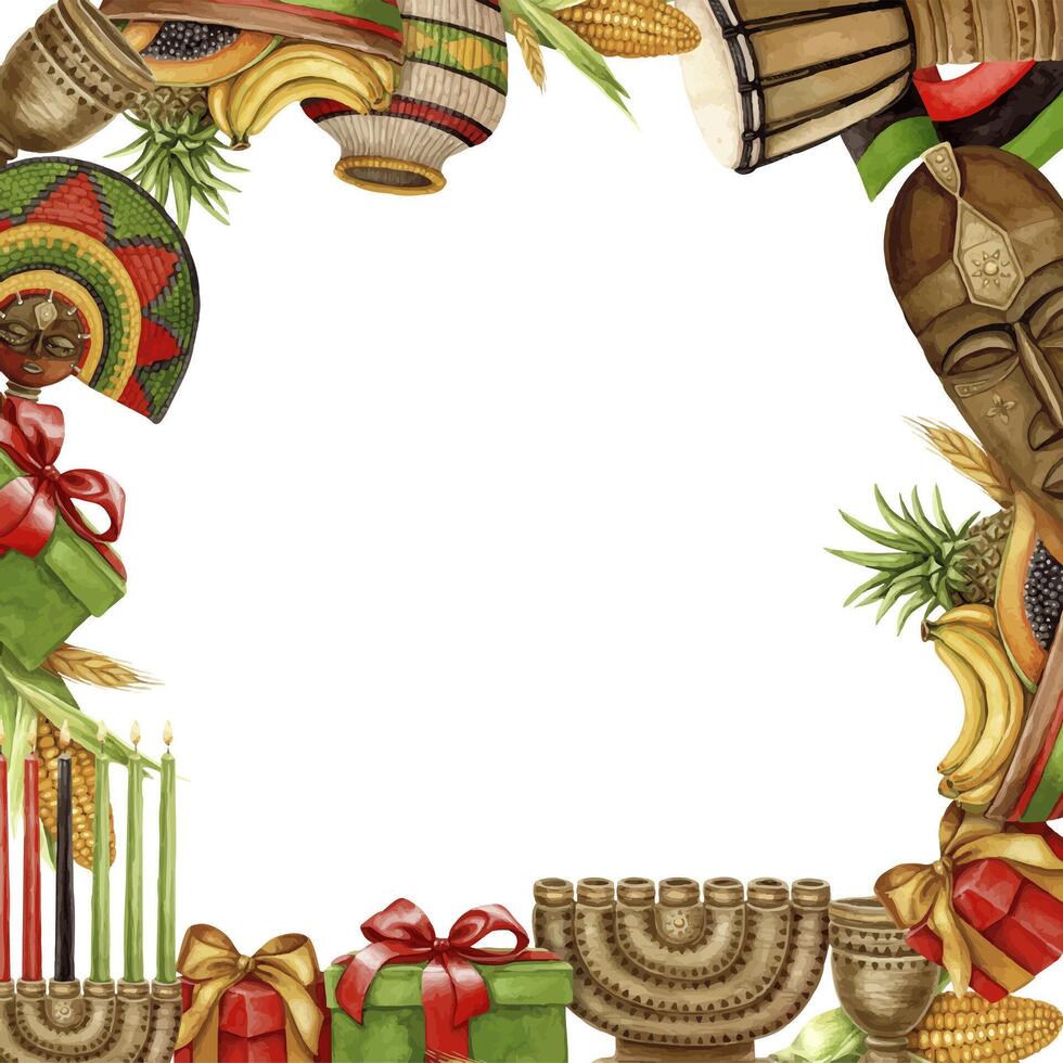 Kwanzaa square frame of African unity flag, Kinara, mask, fruit plate and gift. Hand drawn watercolor holiday illustration of traditional symbol. Isolated drawing for African-American designs. vector
