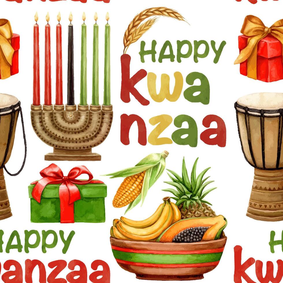 Happy Kwanzaa seamless pattern of African drum, fruits and Kinara with gifts. Hand drawn watercolor holiday illustration of traditional symbol. Isolated drawing for African-American designs. vector