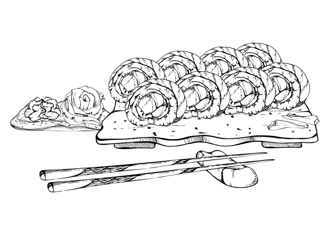 Japanese food sushi roll set on ceramic plate, raw fish alaska california rainbow, chopsticks wasabi ginger, salmon avocado tuna, hand drawn in pen and ink. Restaurant, cafe menu, recipe book vector
