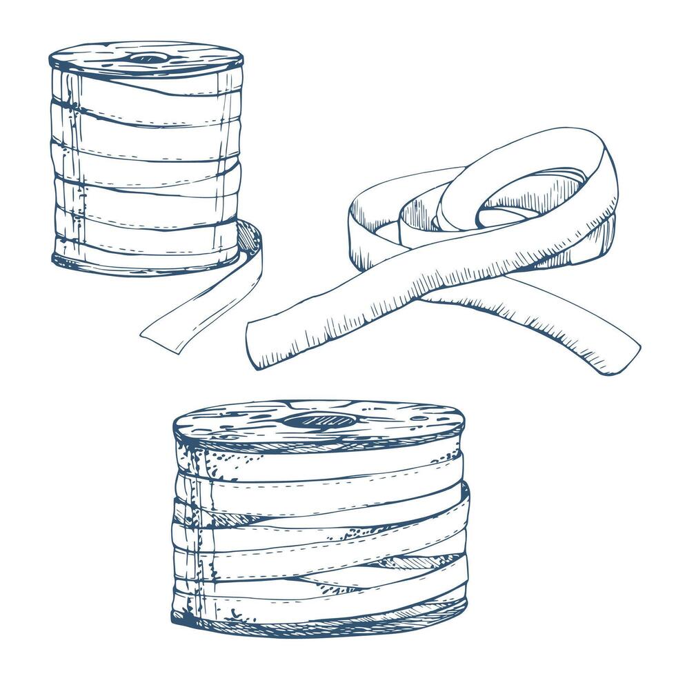 Blue ribbon bobbins fabric strap streamer serpentine. Hand drawn ink illustration sewing craft embroidery supplies. Objects set isolated on white background. Design atelier, tailor, hobby shop vector