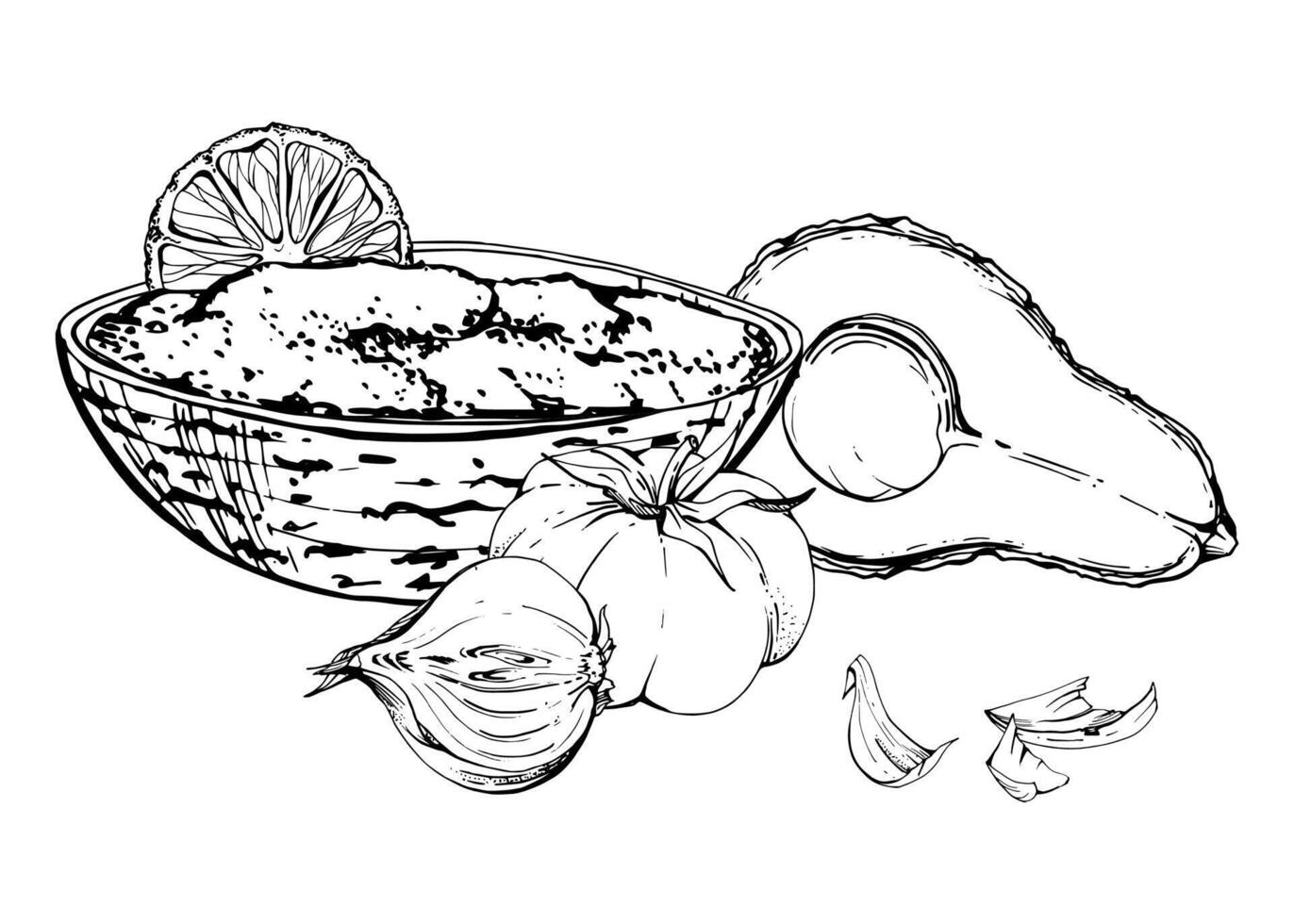 Guacamole salsa sauce, avocado onion peels, tomato lemon lime citrus in ceramic bowl. Hand drawn ink illustration Isolated on white. Design travel brochure, restaurant bar menu, recipe book vector