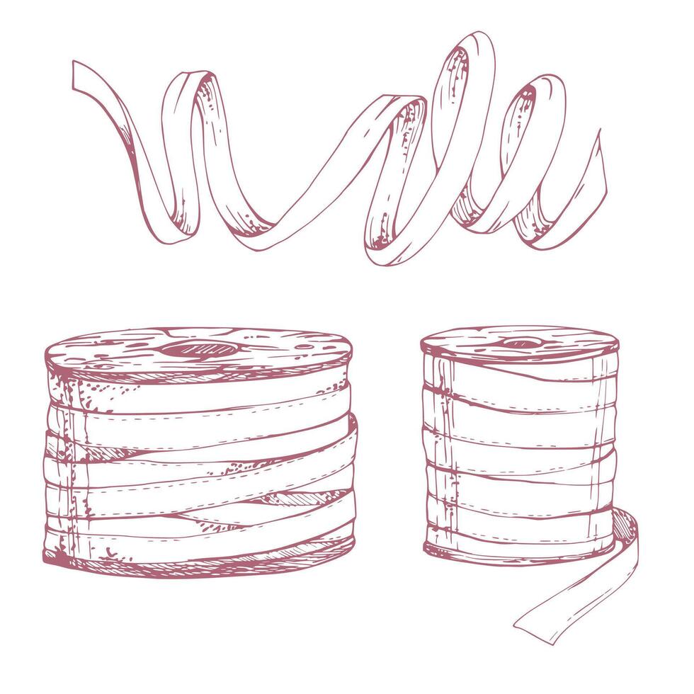 Red ribbon bobbins fabric strap streamer serpentine. Hand drawn ink illustration sewing craft embroidery supplies. Objects set isolated on white background. Design atelier, tailor, hobby shop vector