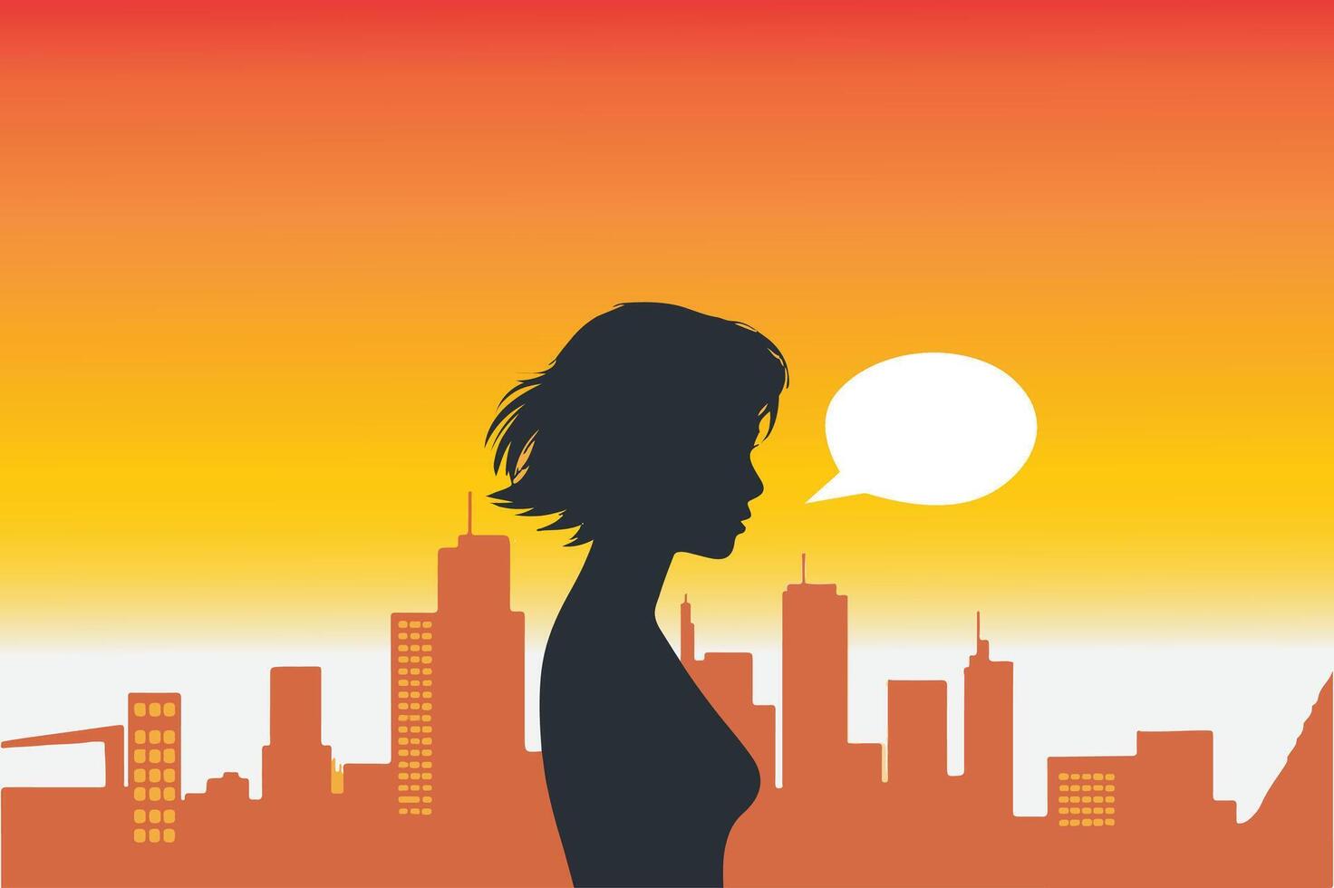A illustration of a silhouette of a woman with short hair. She is standing in a city with tall buildings vector