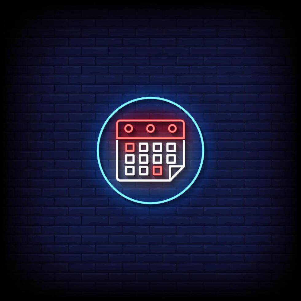 icon calender neon sign with brick wall background vector