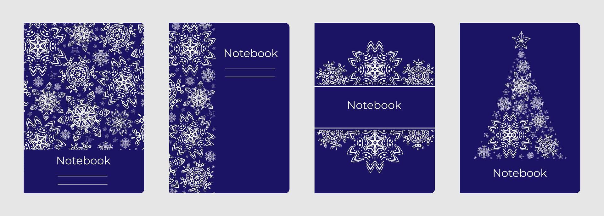 Set of cover designs for notebook, notepad, catalog with white snowflake on blue background. Vertical format A4, A5. vector