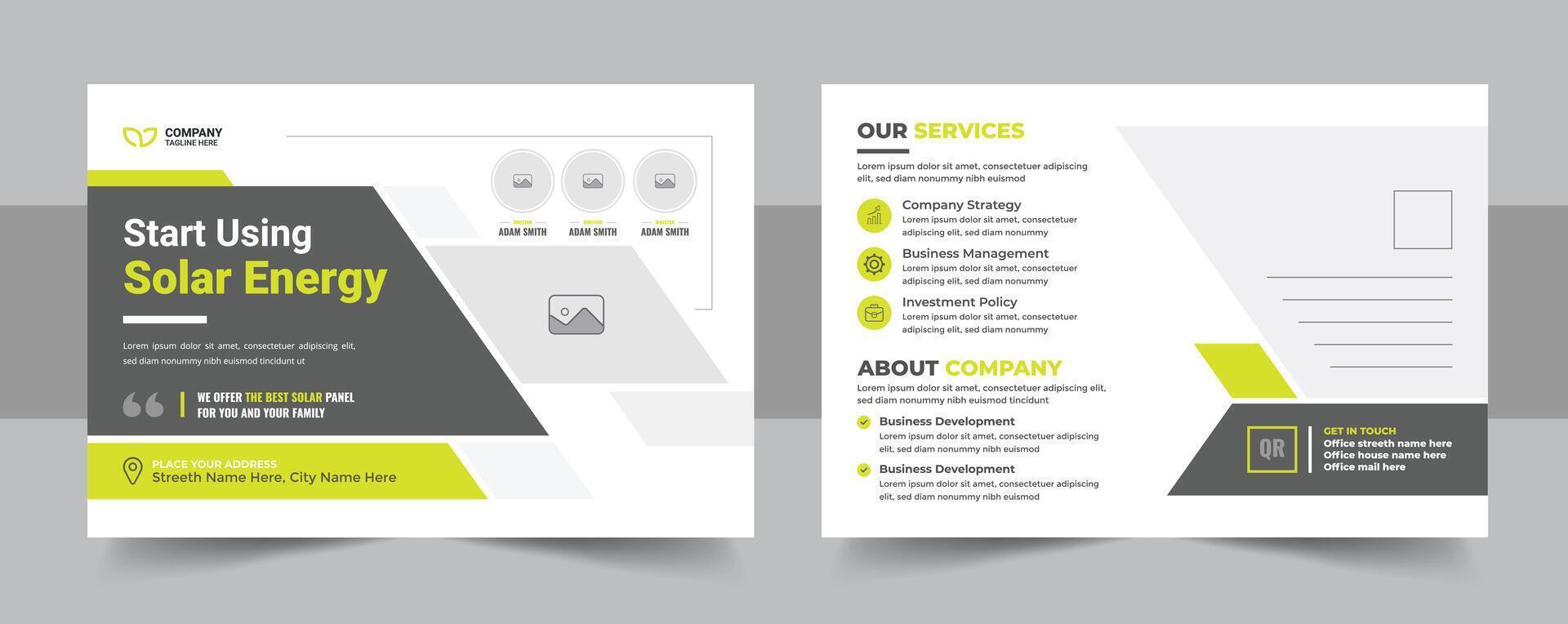 Solar panel postcard template and green energy professional design layout vector