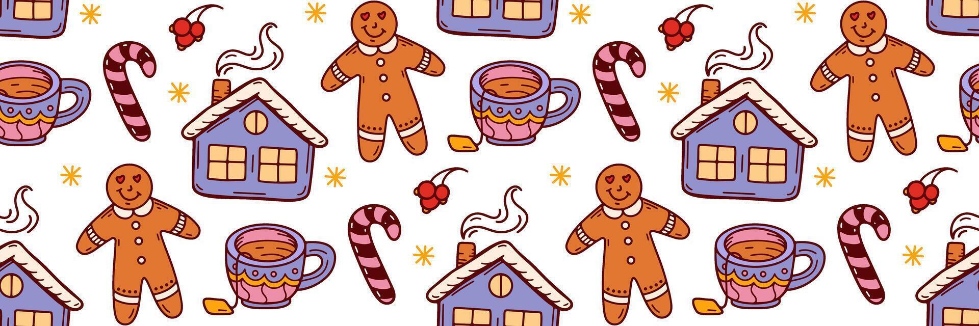 Christmas color doodle pattern with traditional candy cane, gingerbread house and cookies man. Festive winter doodle background. Horizontal illustration for holidays, wrapping paper. vector