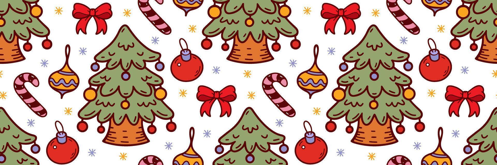 Christmas tree outline pattern. Pine tree, balloon toy, lollipop hand drawn clip art. Festive winter doodle background. Minimalistic horizontal illustration for holidays, wrapping paper. vector