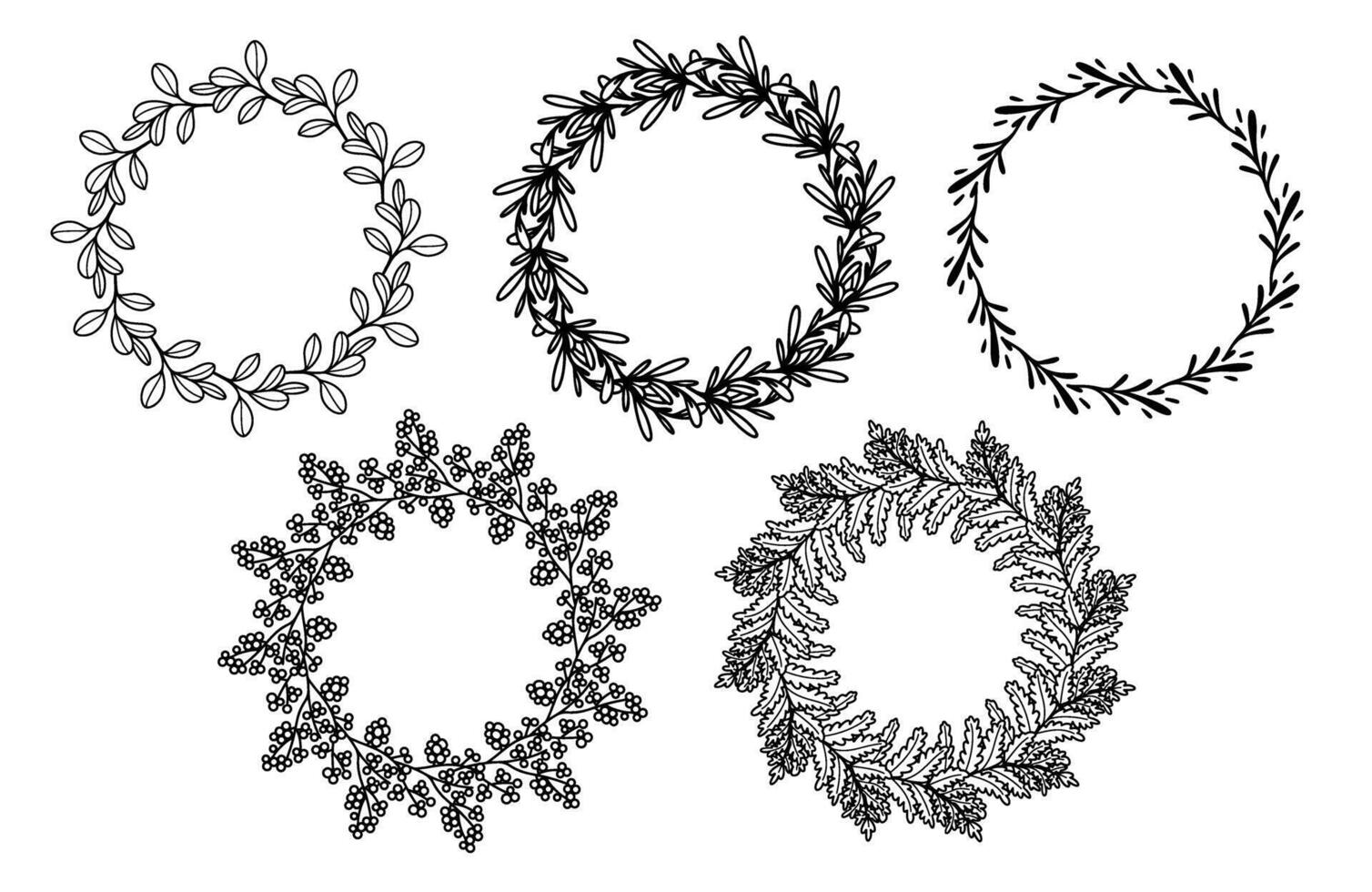 Plant outline wreaths set. Floral circle frame. Doodle branches with berries and ferns. Hand drawn botanical floral elements in line art style. illustration for wedding invitation, card, logo. vector