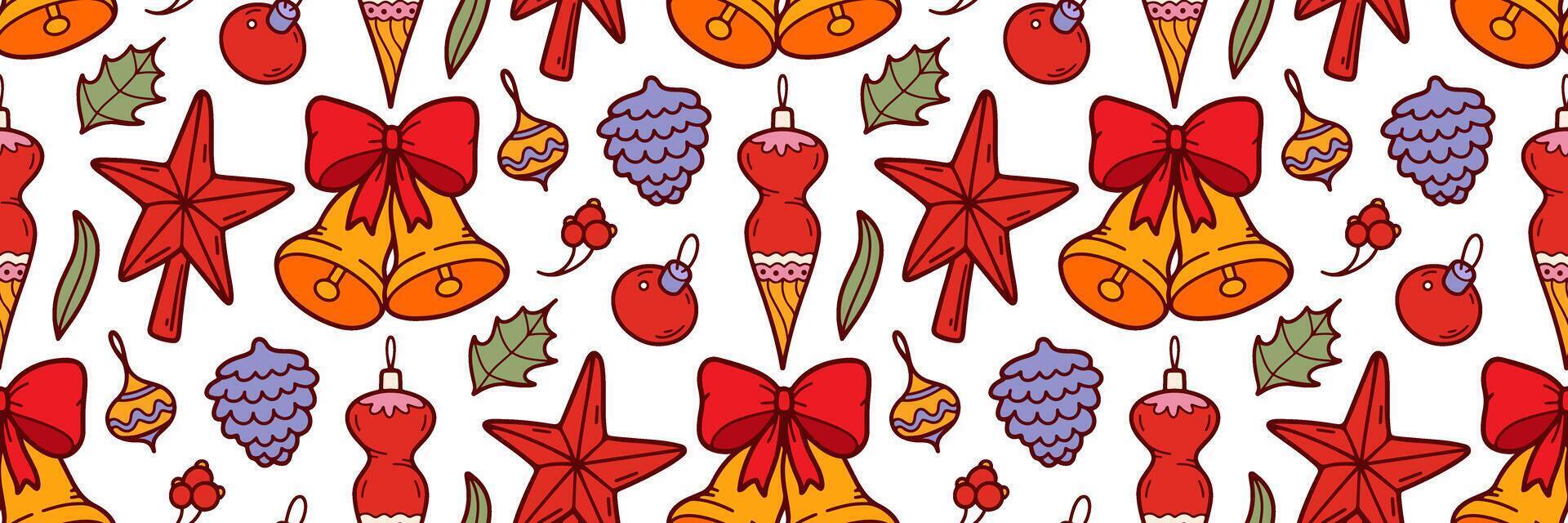 Christmas doodle pattern. Horizontal background with Christmas tree toys, bows, cones, bells, star on top of fir. Festive winter doodle background. illustration for holidays, wrapping paper. vector