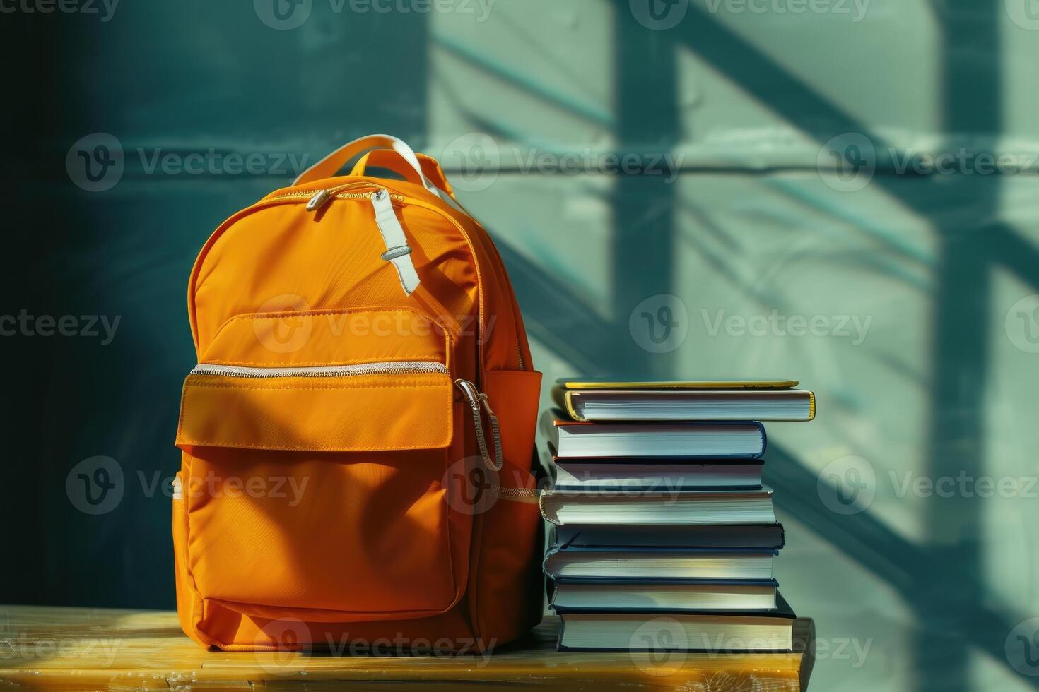 A vibrant orange backpack alongside a stack of hardcover books, suggesting study and preparation for school. photo