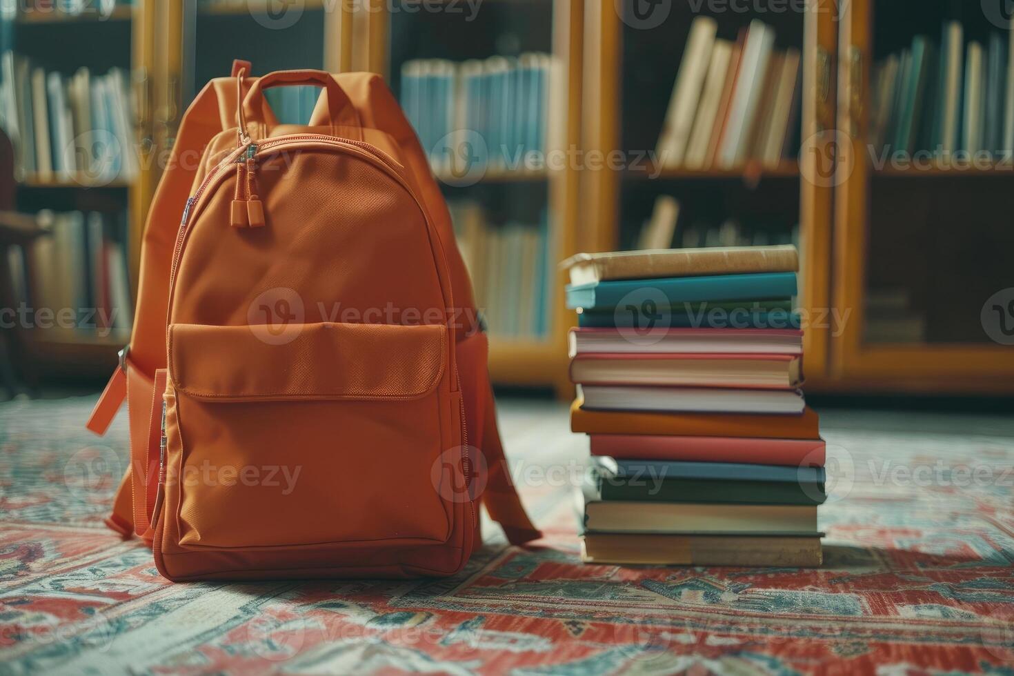 A vibrant orange backpack alongside a stack of hardcover books, suggesting study and preparation for school. photo