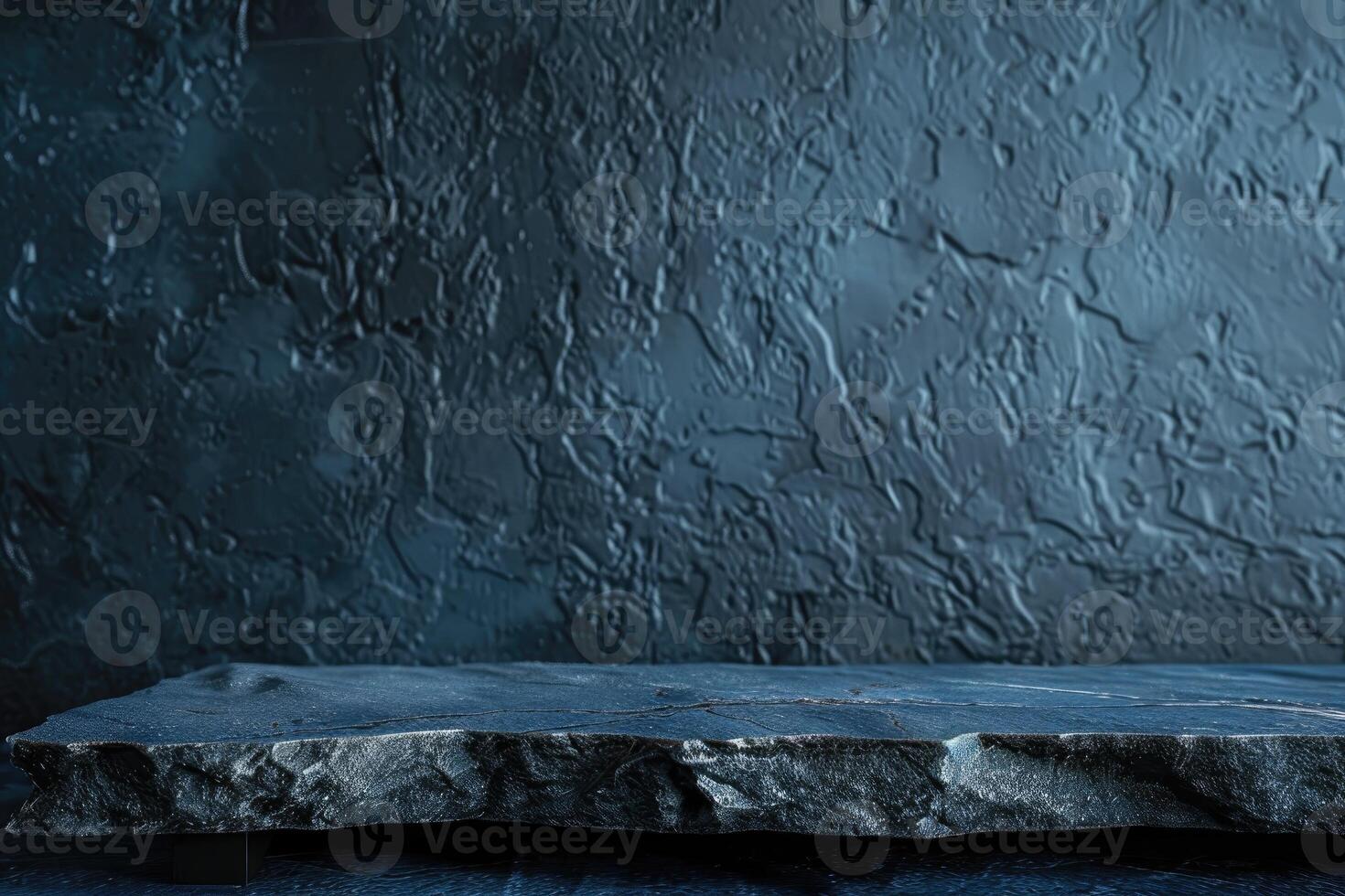 Empty black stone table top, desk or shelf isolated on dark pale blue background photo