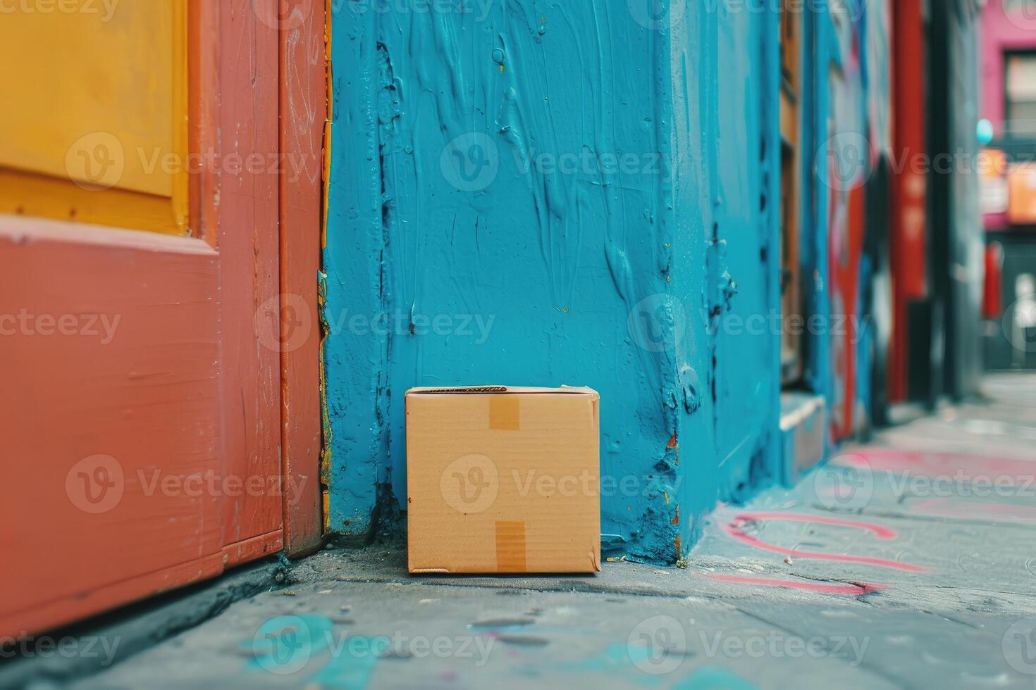 A small cardboard package awaiting pickup on a bright blue doorstep in a colorful alley. photo