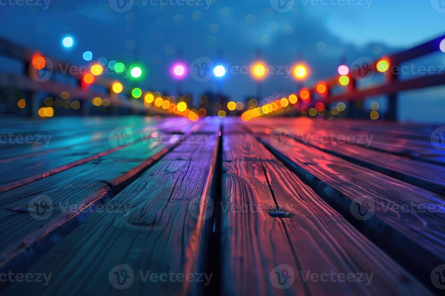 Defocused city lights create a colorful bokeh effect on a wooden boardwalk at night. photo