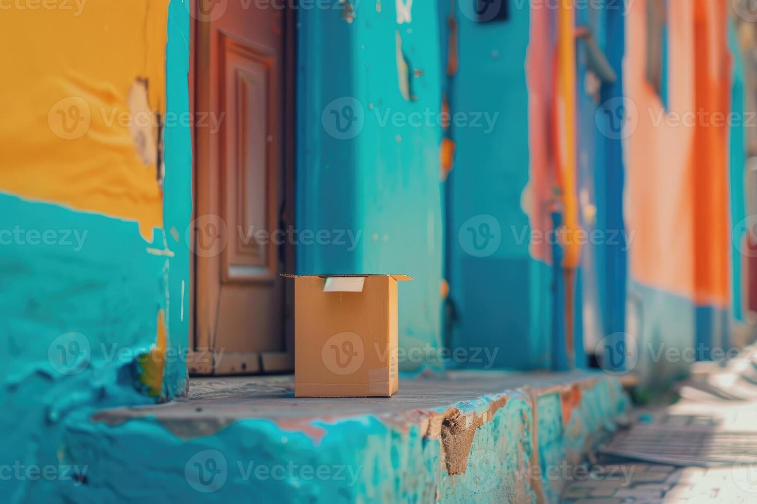 A small cardboard package awaiting pickup on a bright blue doorstep in a colorful alley. photo