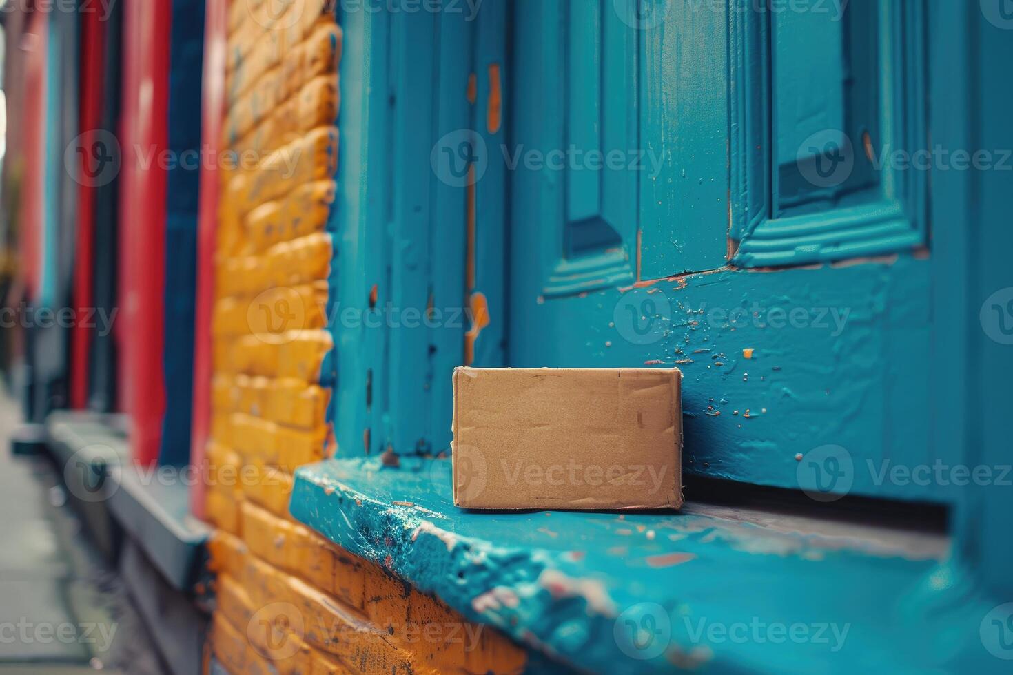 A small cardboard package awaiting pickup on a bright blue doorstep in a colorful alley. photo