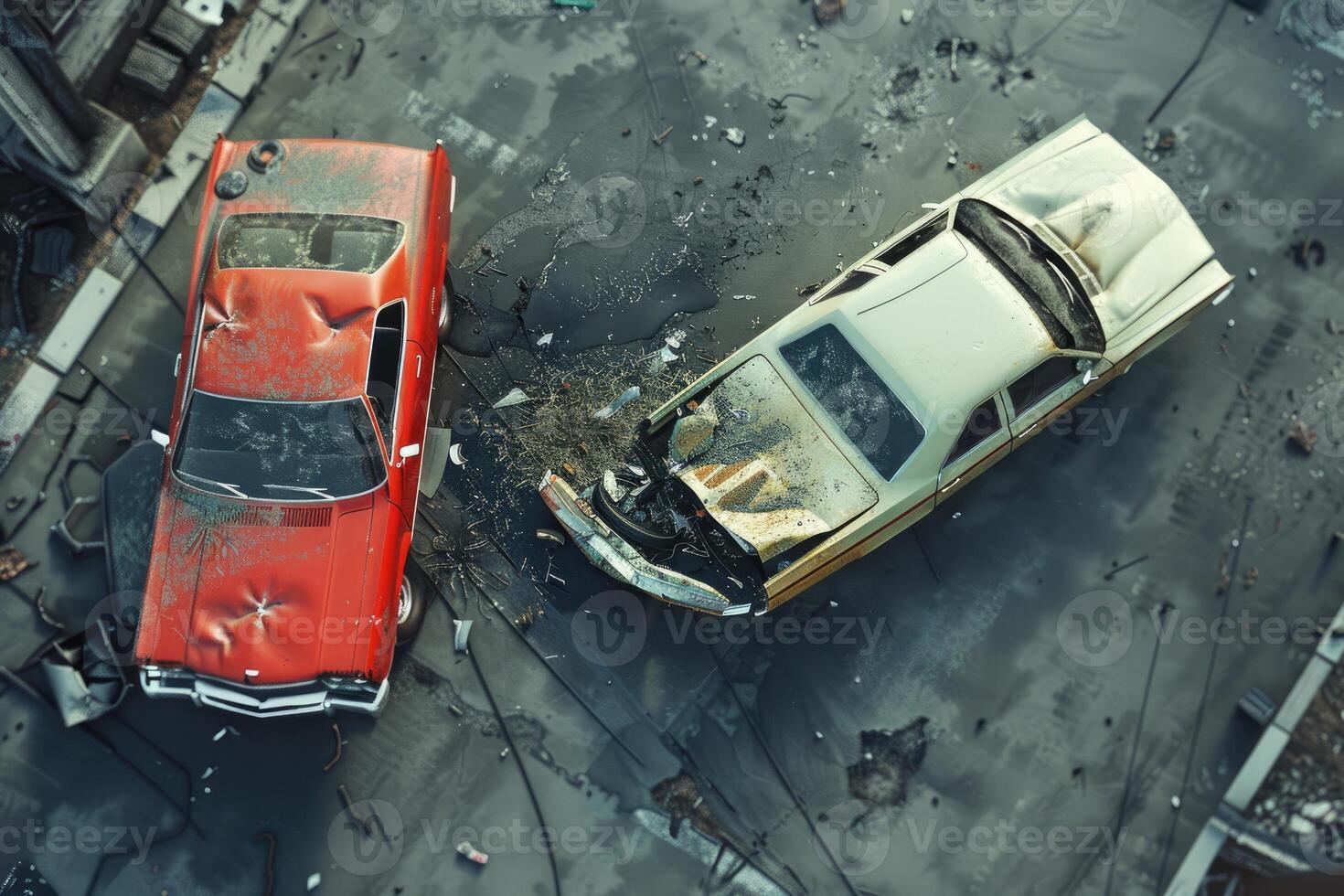 Two cars crash in accident. Top view photo