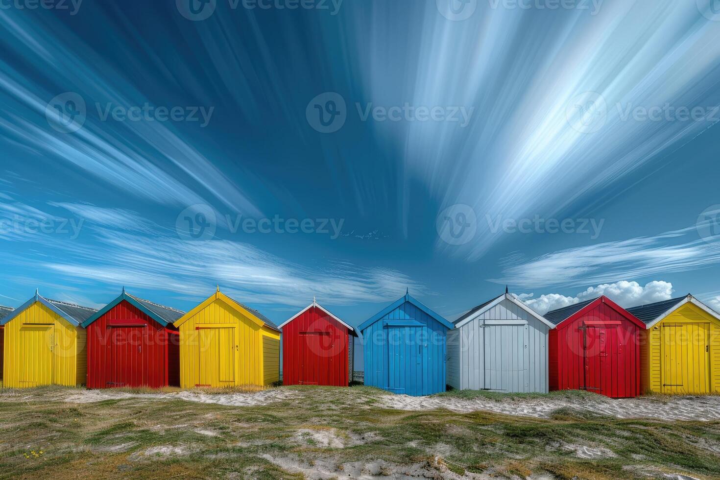 A row of vibrant red, yellow, blue, and gray beach huts stands under a wispy sky, evoking cheerful coastal vibes. photo