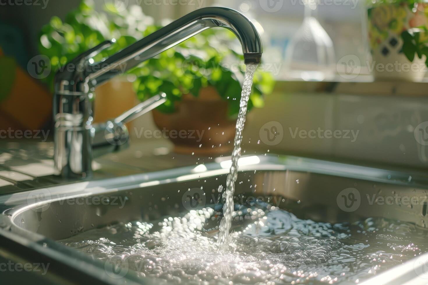 Close-up of a contemporary kitchen sink with clean water flowing from a shiny chrome tap, with natural light. photo