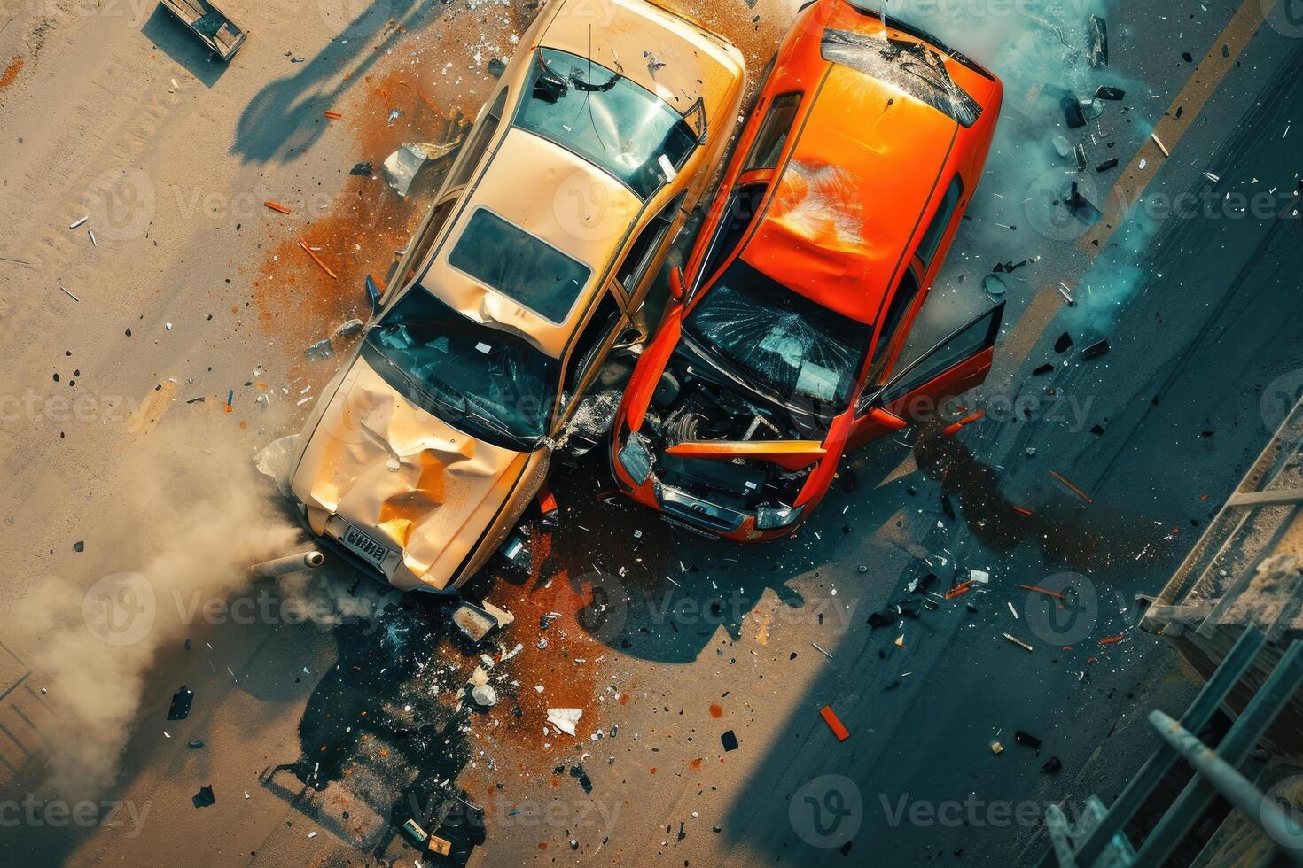 Two cars crash in accident. Top view photo