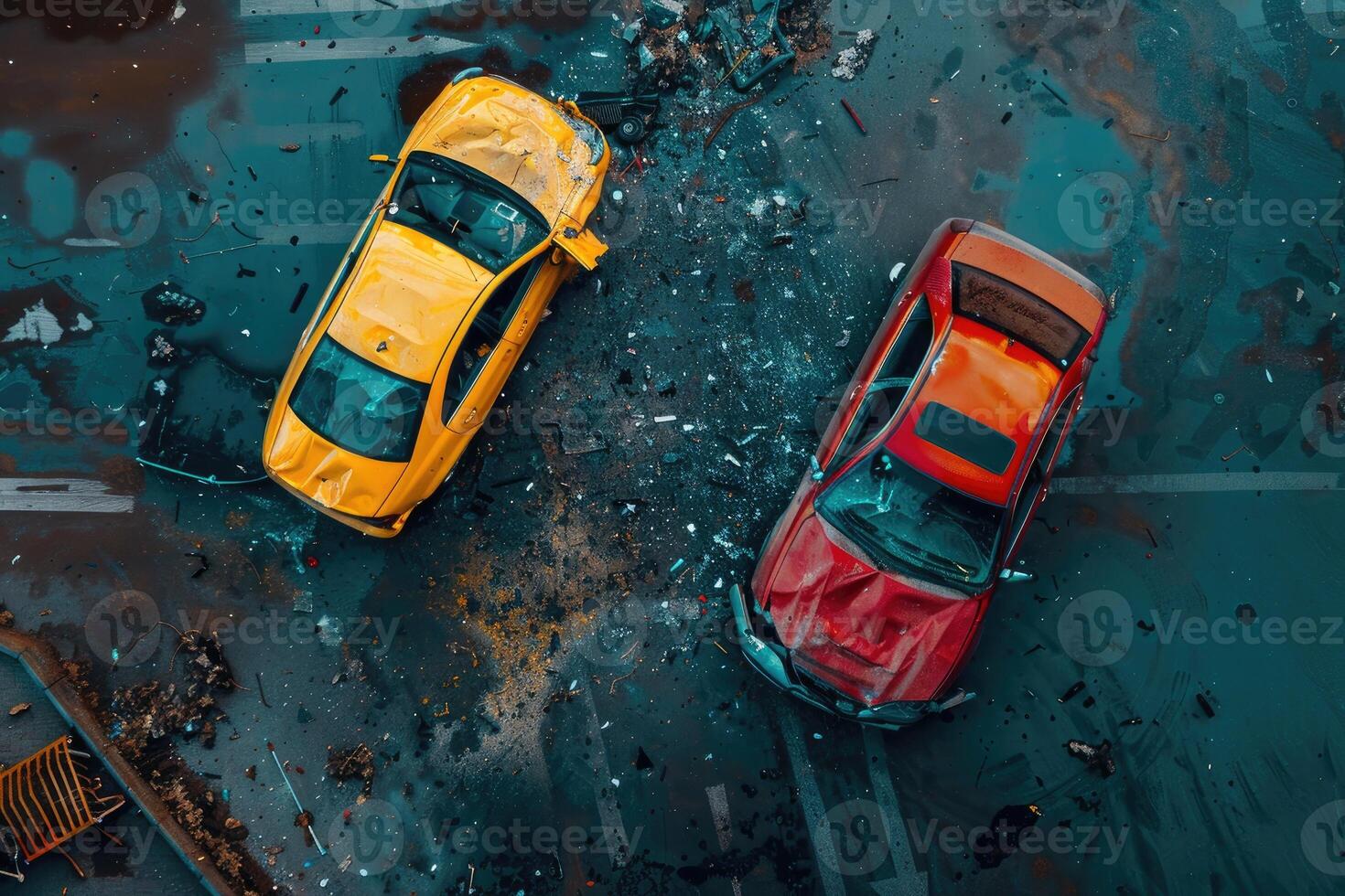 Two cars crash in accident. Top view photo