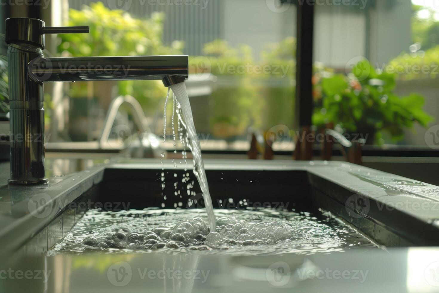 Close-up of a contemporary kitchen sink with clean water flowing from a shiny chrome tap, with natural light. photo