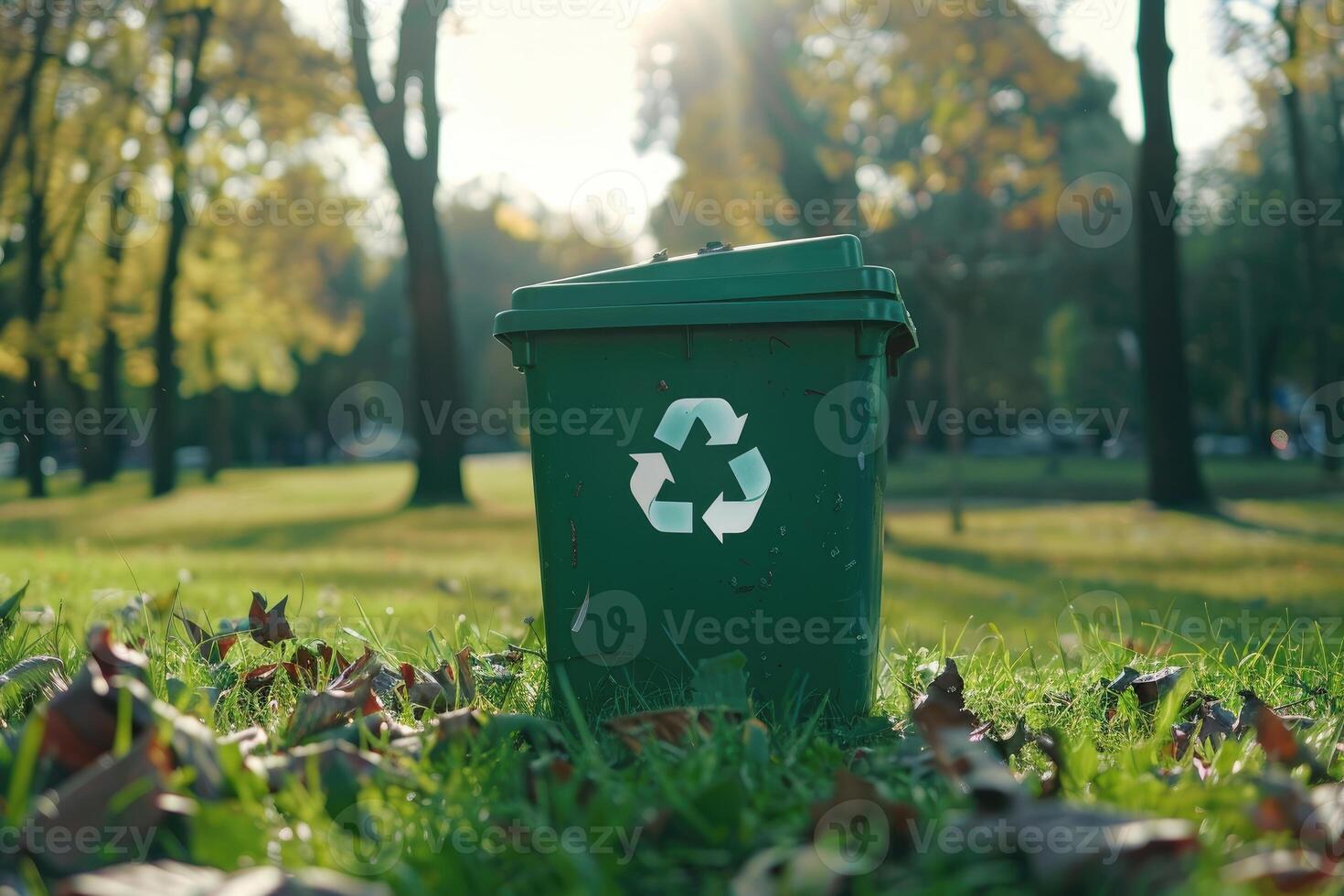Individual contributing to environmental sustainability by using a green recycle bin in a park. photo