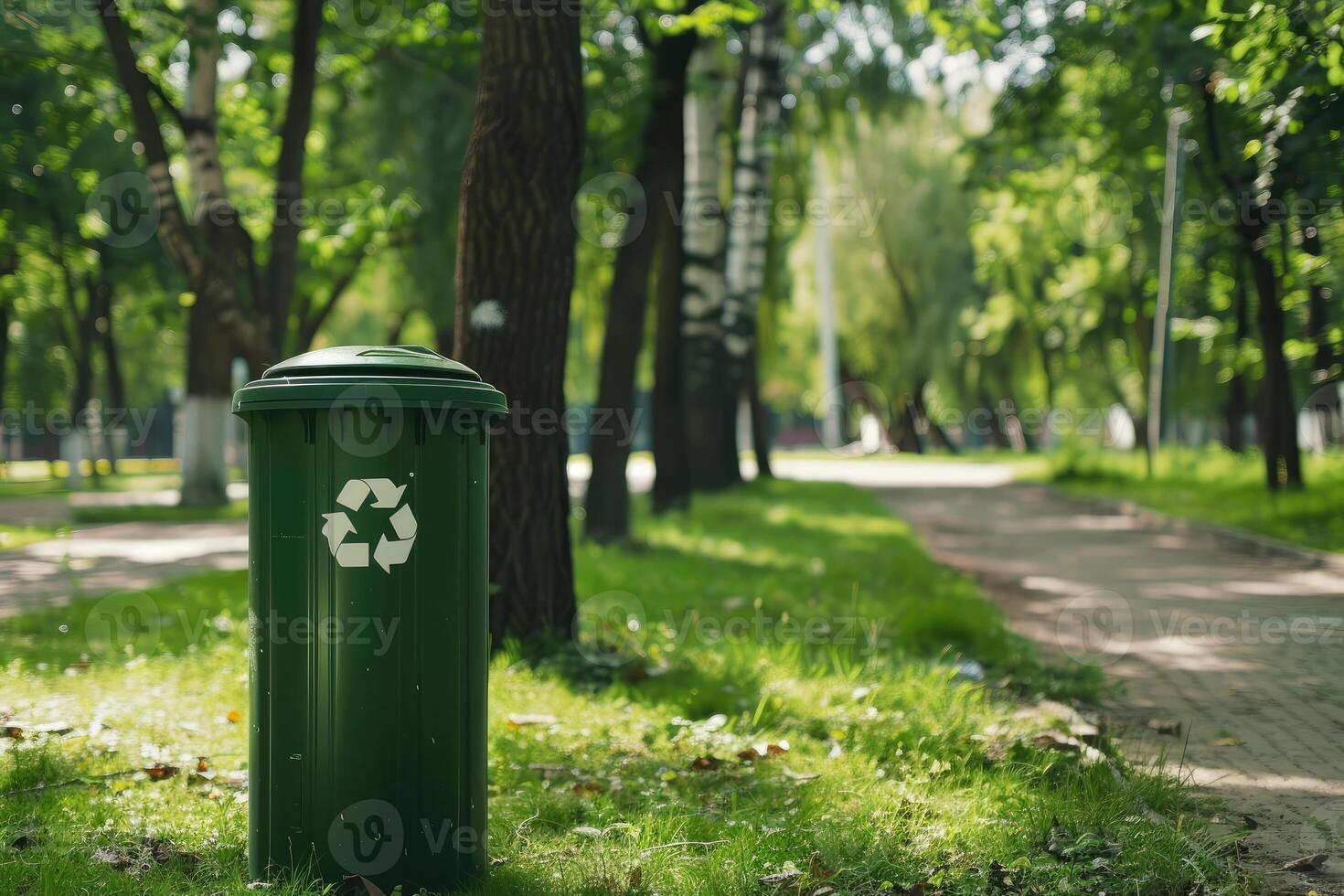 Individual contributing to environmental sustainability by using a green recycle bin in a park. photo