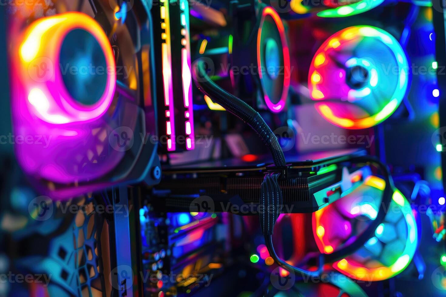 A high-end custom PC gaming setup with vibrant cooling fans and colorful lighting, showcasing modern technology. photo