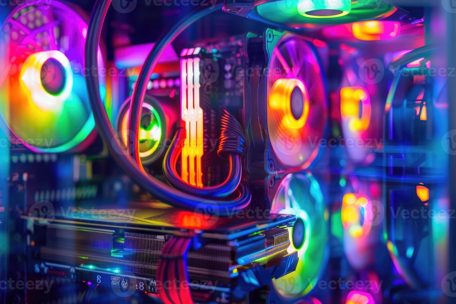 A high-end custom PC gaming setup with vibrant cooling fans and colorful lighting, showcasing modern technology. photo